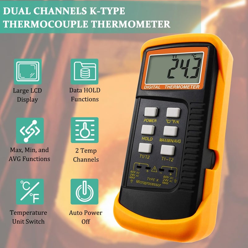 Drphiru K Type Thermocouple Thermometer Dual Channels Thermocouple Tester (-58~2372°F) High Accuracy Temperature Kelvin Scale Meter with 2X Temperature Clamp & 2X Pipe Thermocouple Probes - Image 4